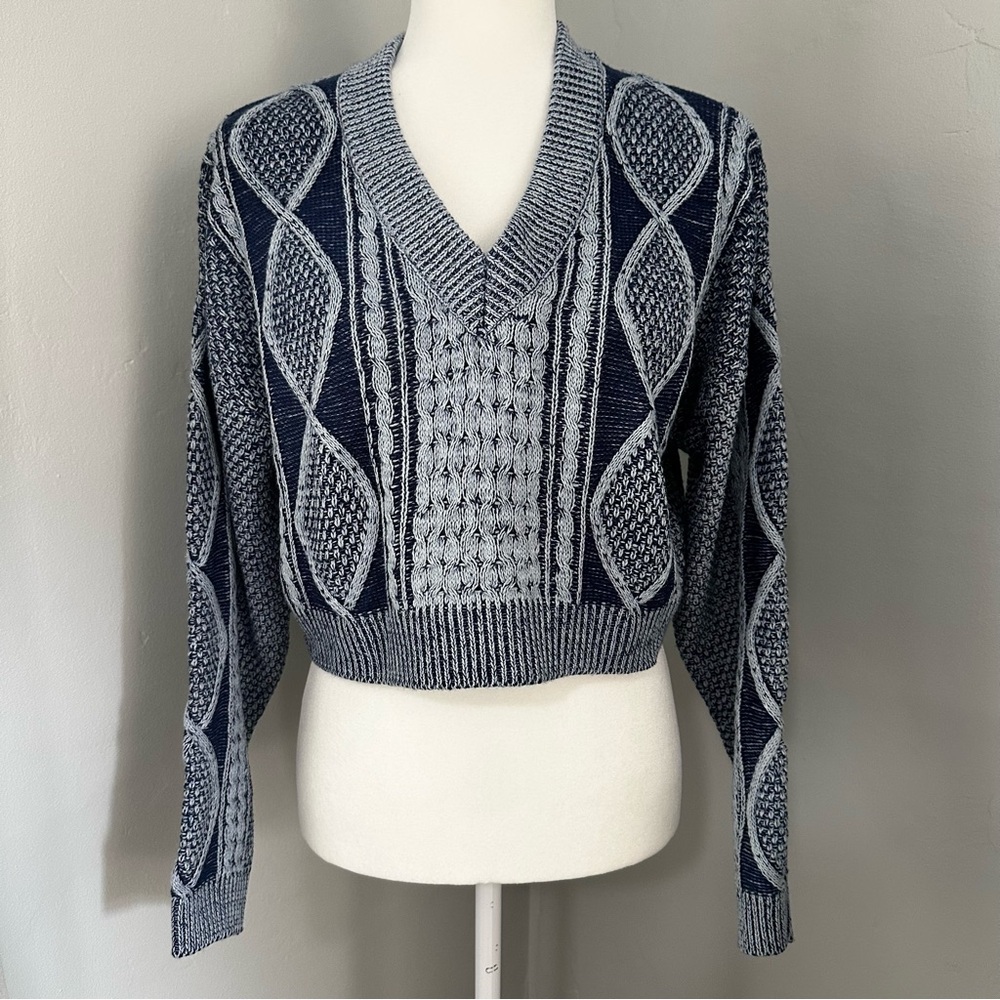 Willow &‎ Wind Knitted Sweater, Cropped, Navy, Light Grey, Oversized, Large